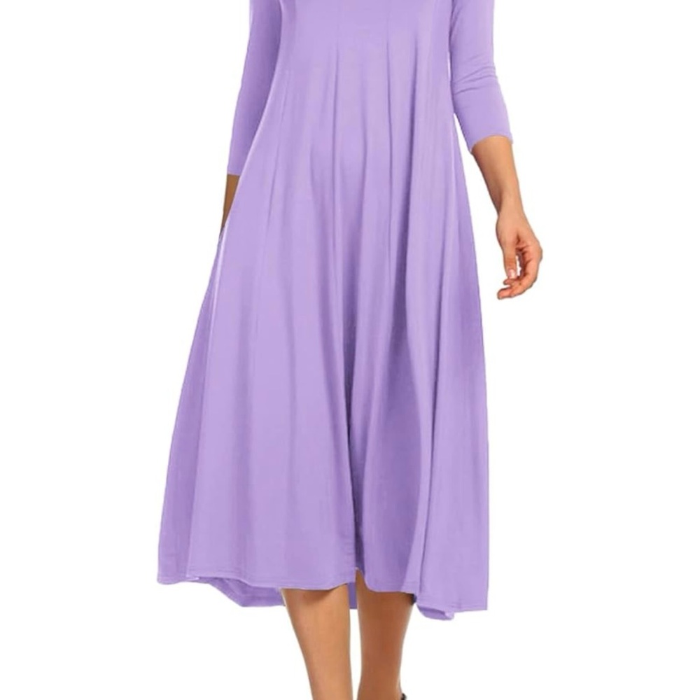 Purple A-Line Midi Dress with 3/4 Sleeves